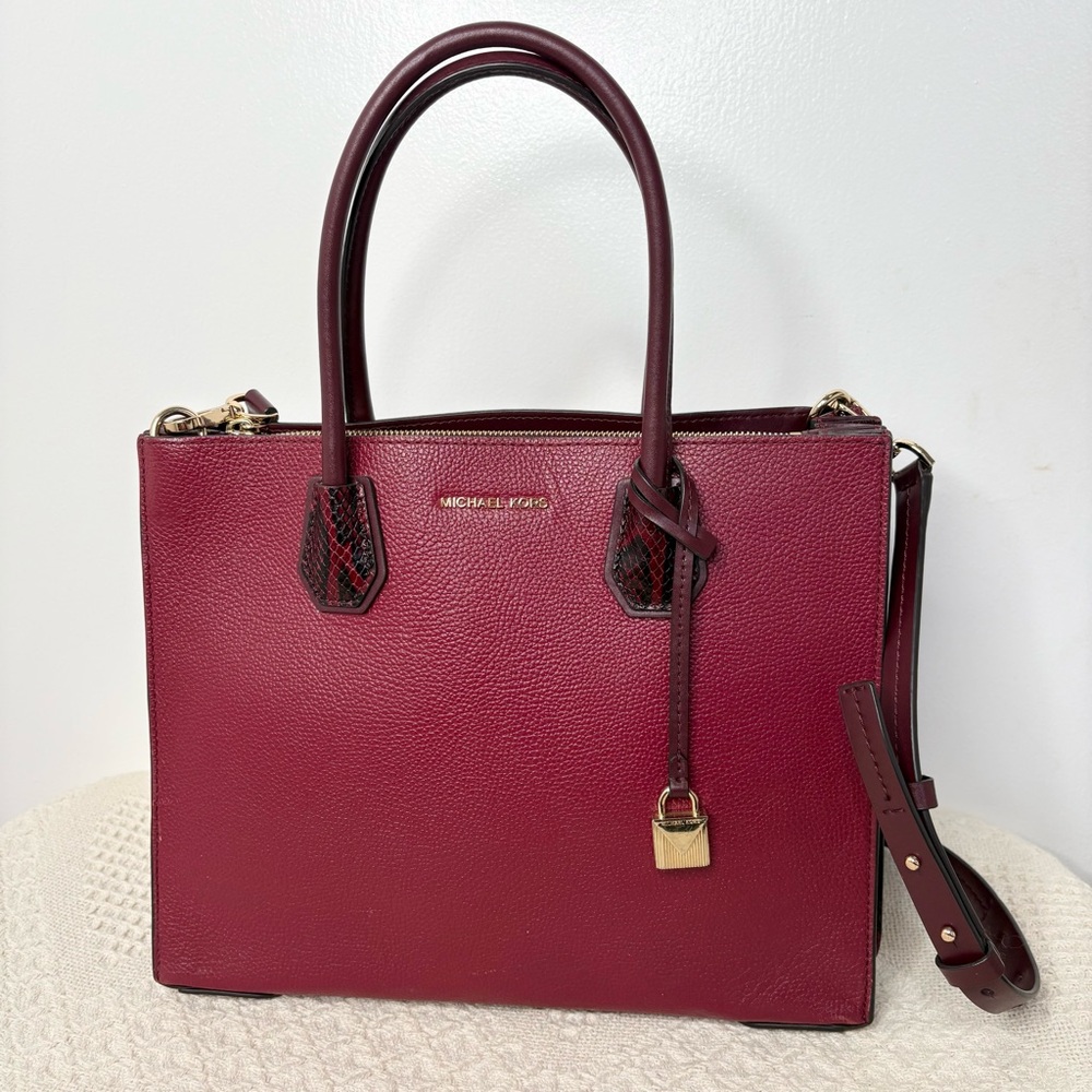 Michael Kors Red Mercer Pebble Leather Python-Embossed Accordion Tote Bag